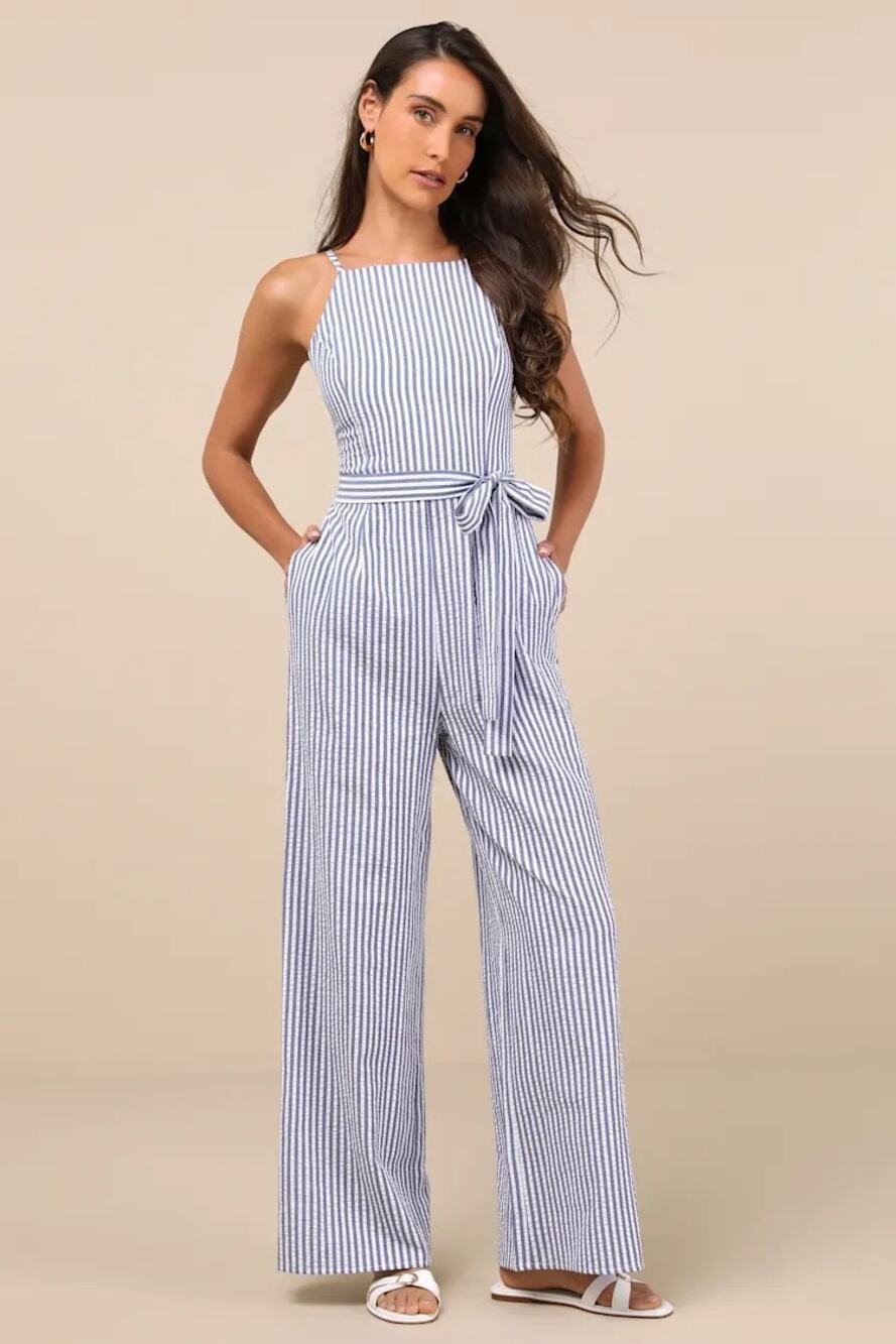 NWT Lulus Messina Blue Striped Wide-Leg Jumpsuit Belted Nautical Casual Sz XL